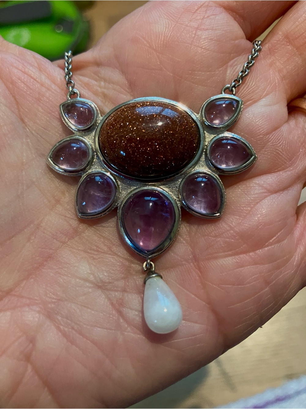 Sterling Silver Brown Goldstone & Purple Amethyst Necklace with White Teardrop